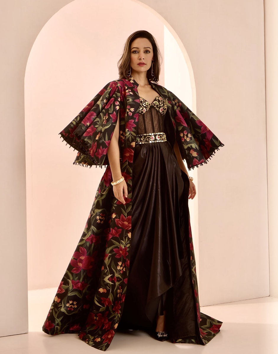 elegant jacket dress Fusion Black Silk Floral with Hand-Embroidered Corset Drape Gown Black / M / 7 Days Collarless jacket with pleating Select Shoe Size:41.5 2018 Evening Dress Shop Teen Dresses: Cute