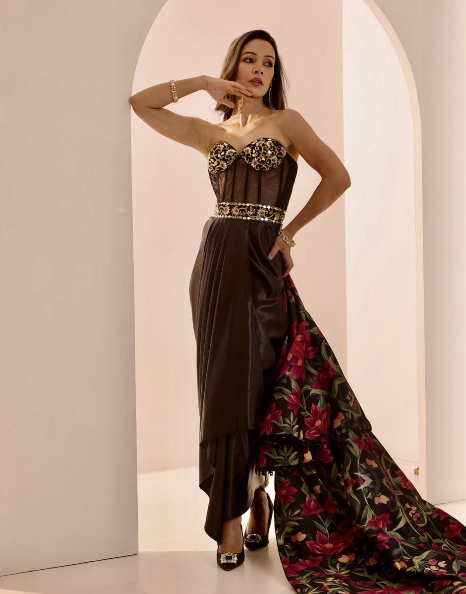 Elegant Fusion Black Silk Floral Jacket with Hand-Embroidered Corset Drape Gown Black / M / 15 Days Elegant Fusion Black Silk Floral Jacket with Hand-Embroidered Corset Drape Gown Black / M / 15 Days