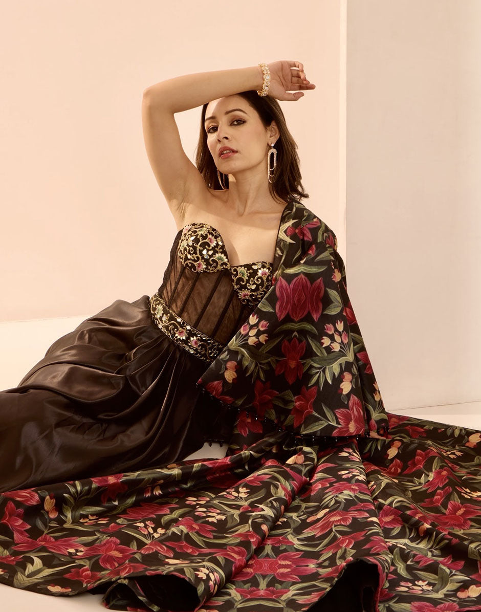 Elegant Fusion Black Silk Floral Jacket with Hand-Embroidered Corset Drape Gown Black / M / 15 Days Elegant Fusion Black Silk Floral Jacket with Hand-Embroidered Corset Drape Gown Black / M / 15 Days