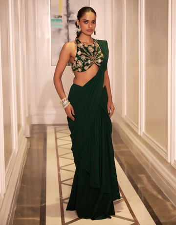 Elegant Green Embroidered Blouse with Flowing Double Georgette Pre-Draped Saree Perfect for Modern Celebrations