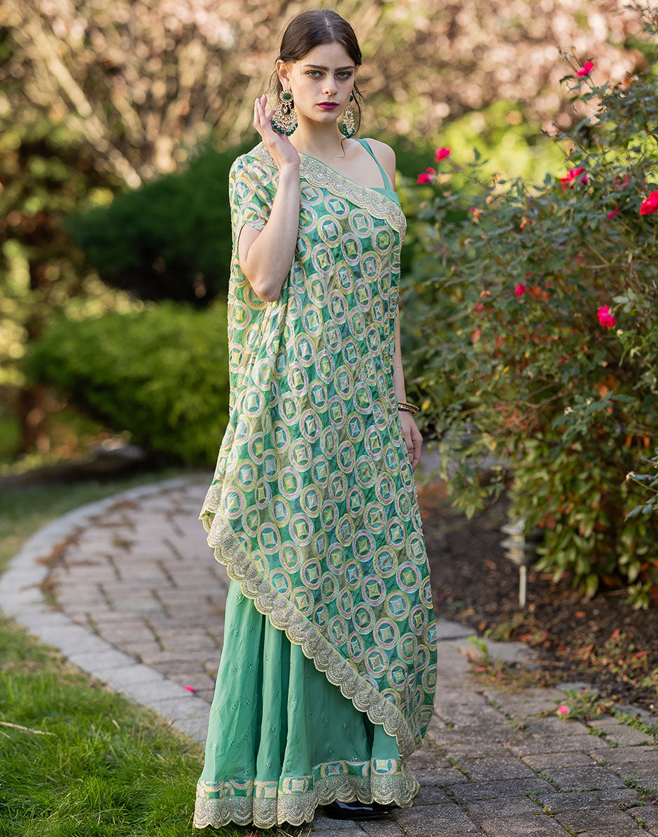 Elegant Green Gotta Patti Work Dress with Gold Embroidery