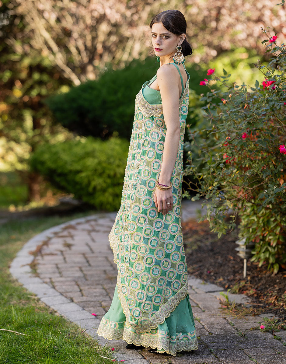 Elegant Green Gotta Patti Work Dress with Gold Embroidery