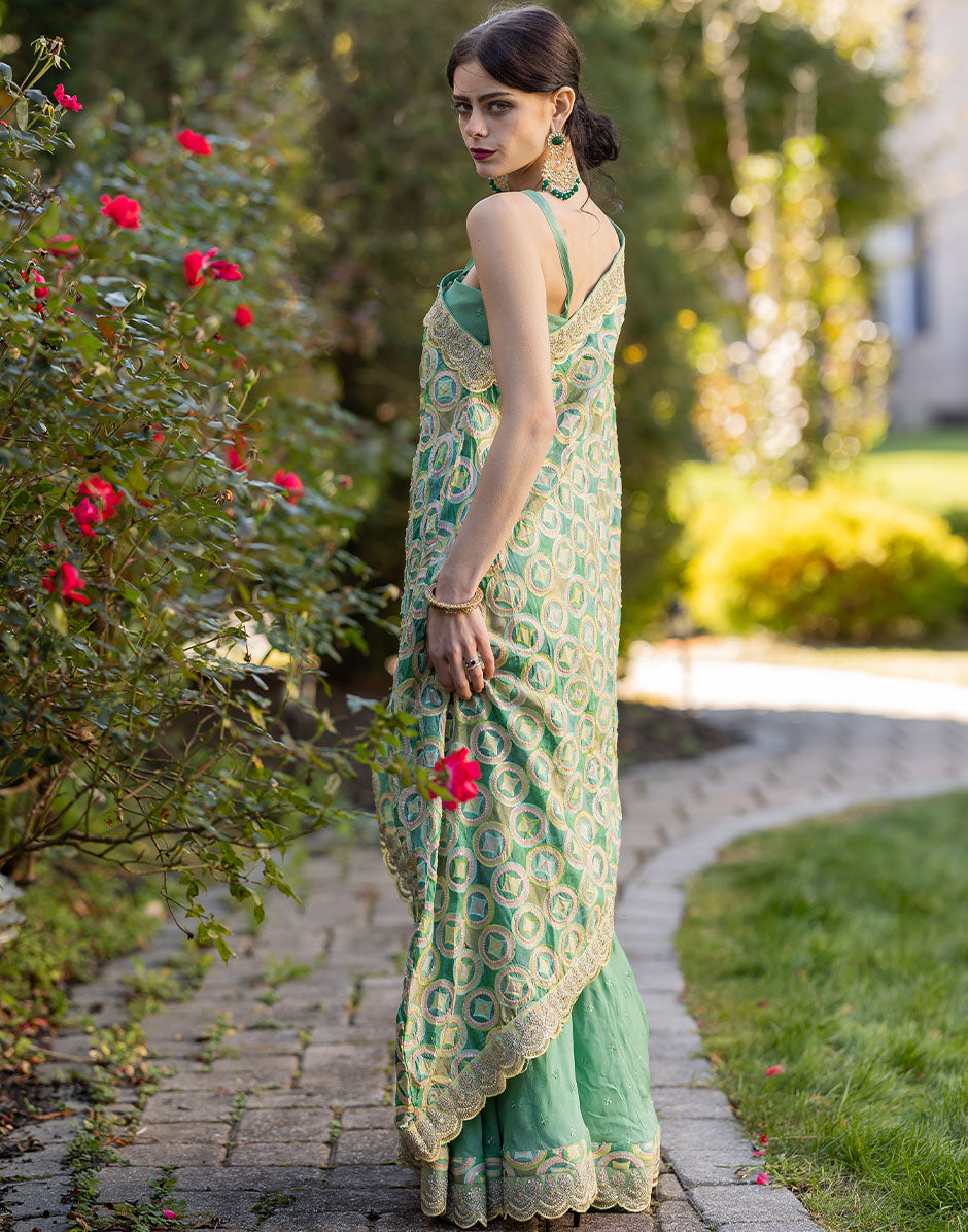 Elegant Green Gotta Patti Work Dress with Gold Embroidery Green / XXS / 10 Days Elegant Green Gotta Patti Work Dress with Gold Embroidery Green / XXS / 10 Days