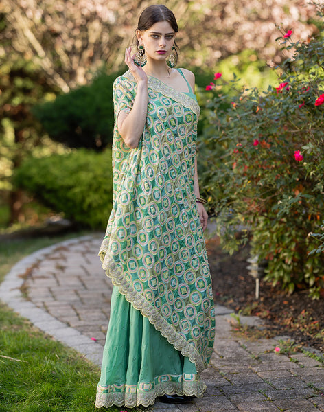 Elegant Green Gotta Patti Work Dress with Gold Embroidery Green / XXS / 5 Days