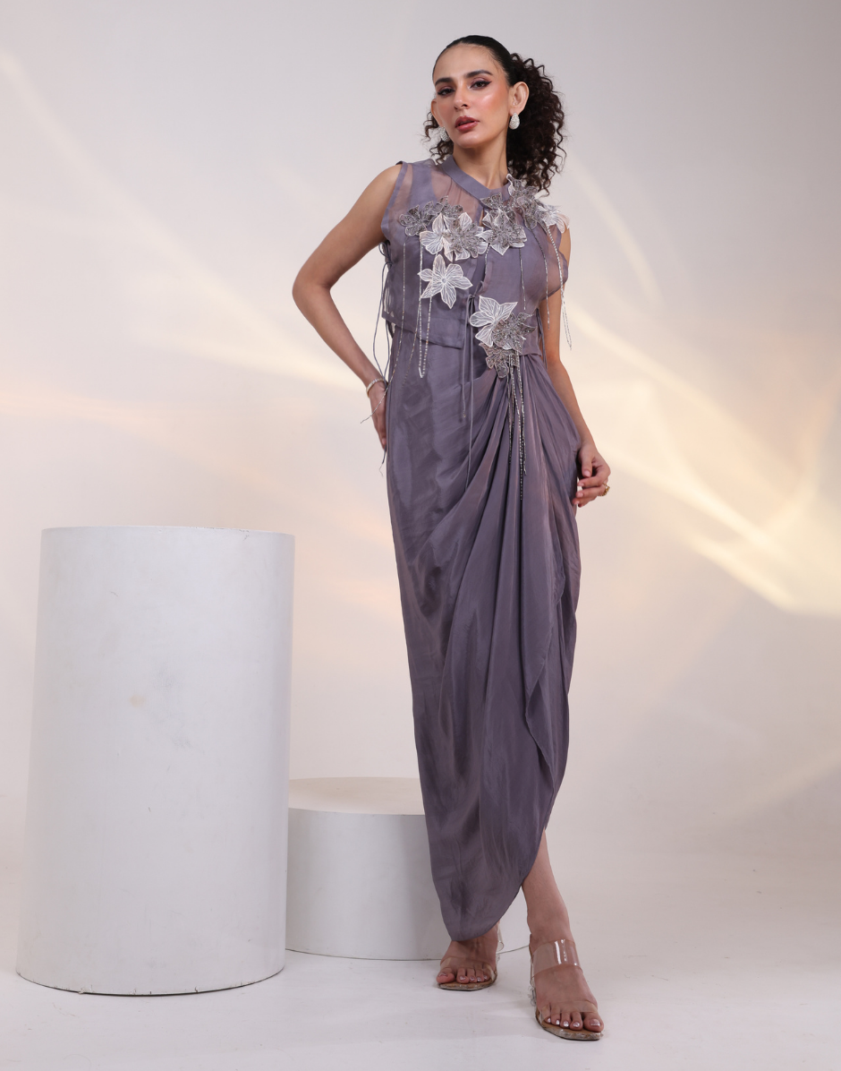 Elegant Grey Two-Piece Outfit Featuring Flowy Gown and Sheer Organza Jacket