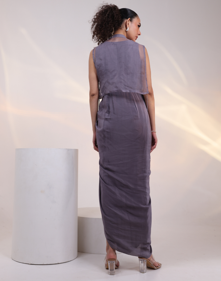 Elegant Grey Two-Piece Outfit Featuring Flowy Gown and Sheer Organza Jacket