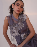 Elegant Grey Two-Piece Outfit Featuring Flowy Gown and Sheer Organza Jacket_2