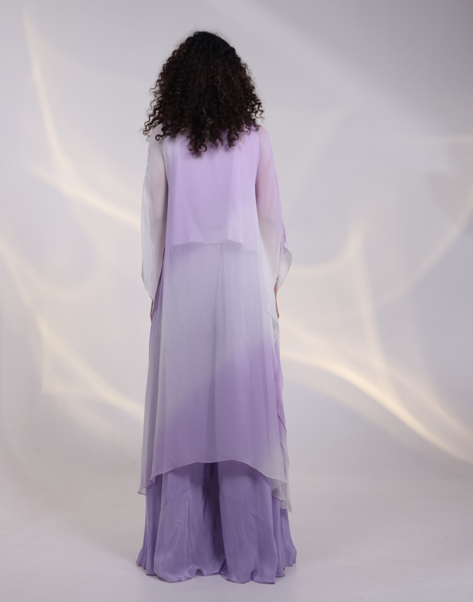 Elegant Lavender Ensemble Featuring Embellished Kaftan and Flowing Flared Pants_1