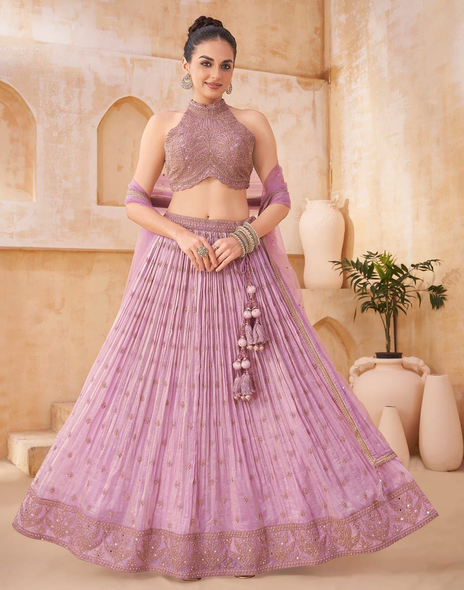 Elegant Mauve Pink Lehenga Set with Sequins Embroidery Includes Blouse & Dupatta