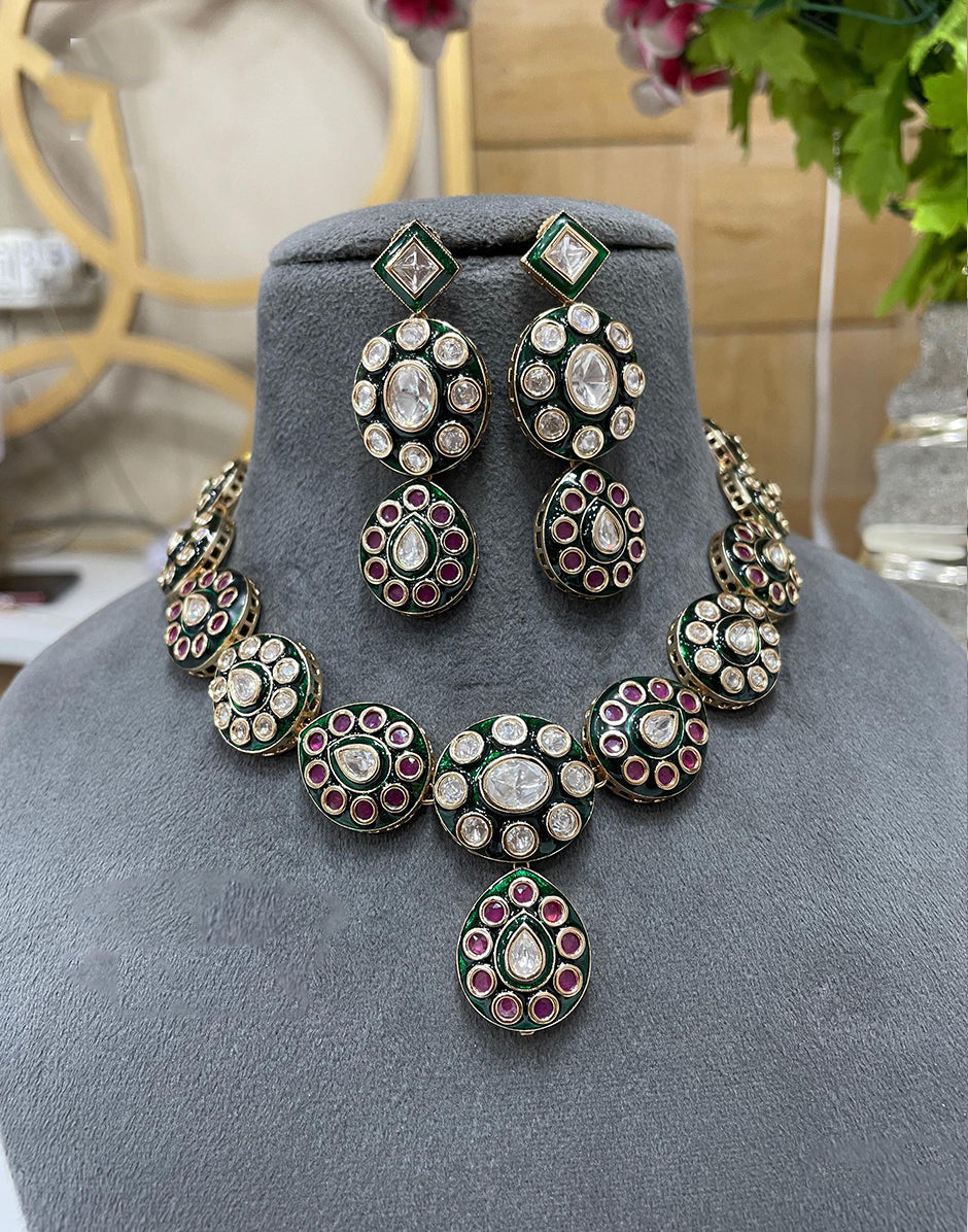 Elegant Multicolour Kundan Jewelry Set Handmade Necklace with Matching Earrings