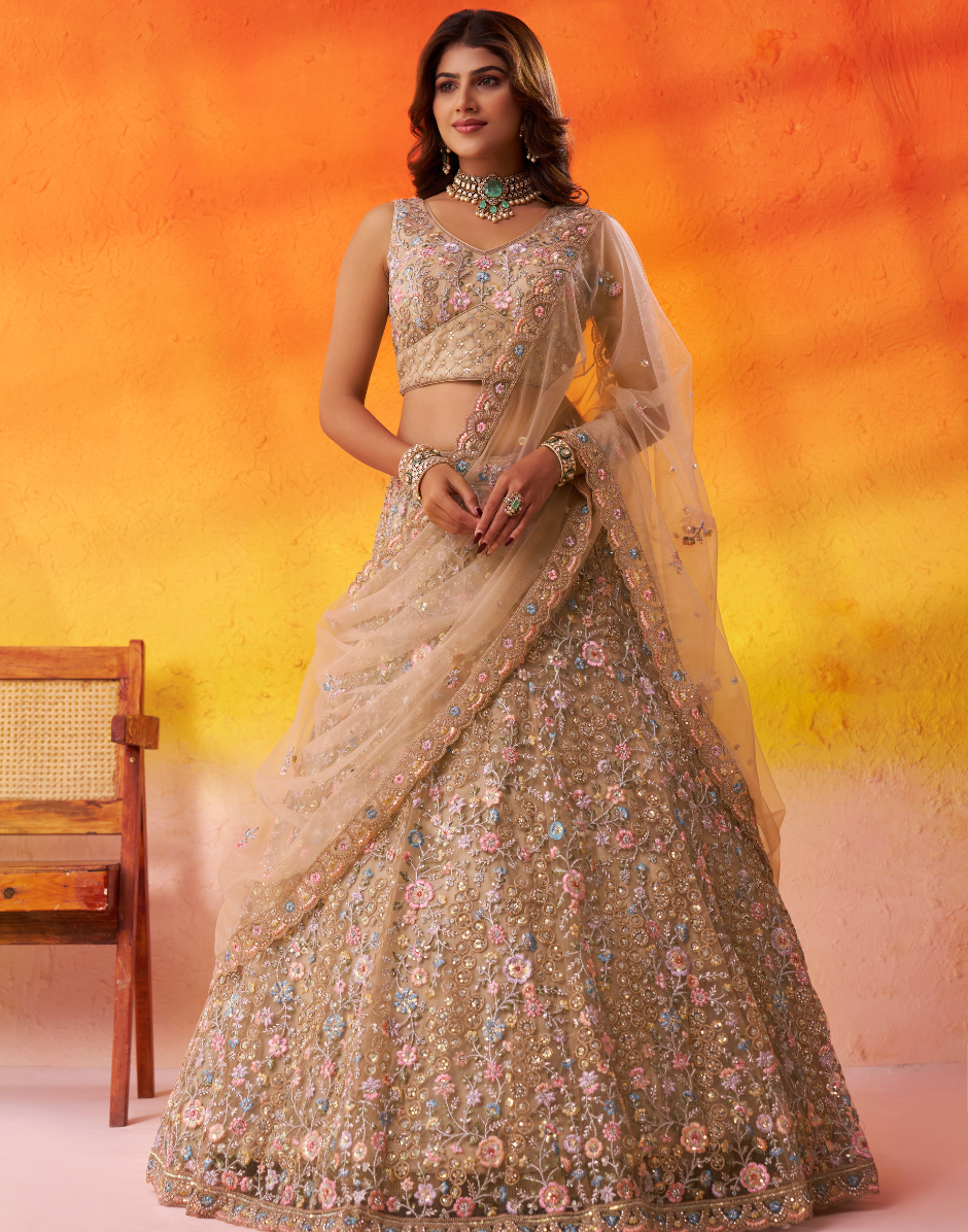 Elegant Net Fabric Sequins Embroidered Lehenga Choli Set with Dupatta - Buy