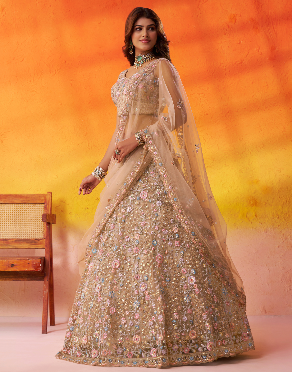 Elegant Net Fabric Sequins Embroidered Lehenga Choli Set with Dupatta - Buy