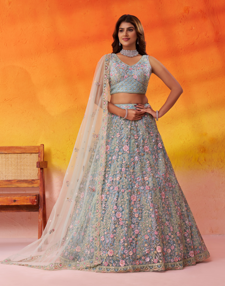 Elegant Net Fabric Sequins Embroidered Lehenga Choli Set with Dupatta - Buy_3