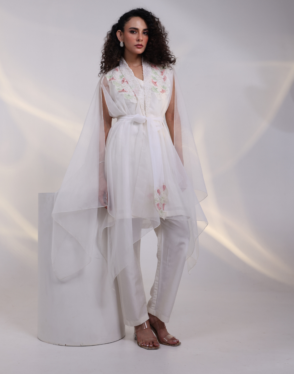 Elegant Off-White Floral Applique Four Piece Set with Long Top, Straight Pants, Cape & Structured Belt