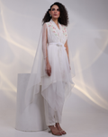 Elegant Off-White Floral Applique Four Piece Set with Long Top, Straight Pants, Cape & Structured Belt_1