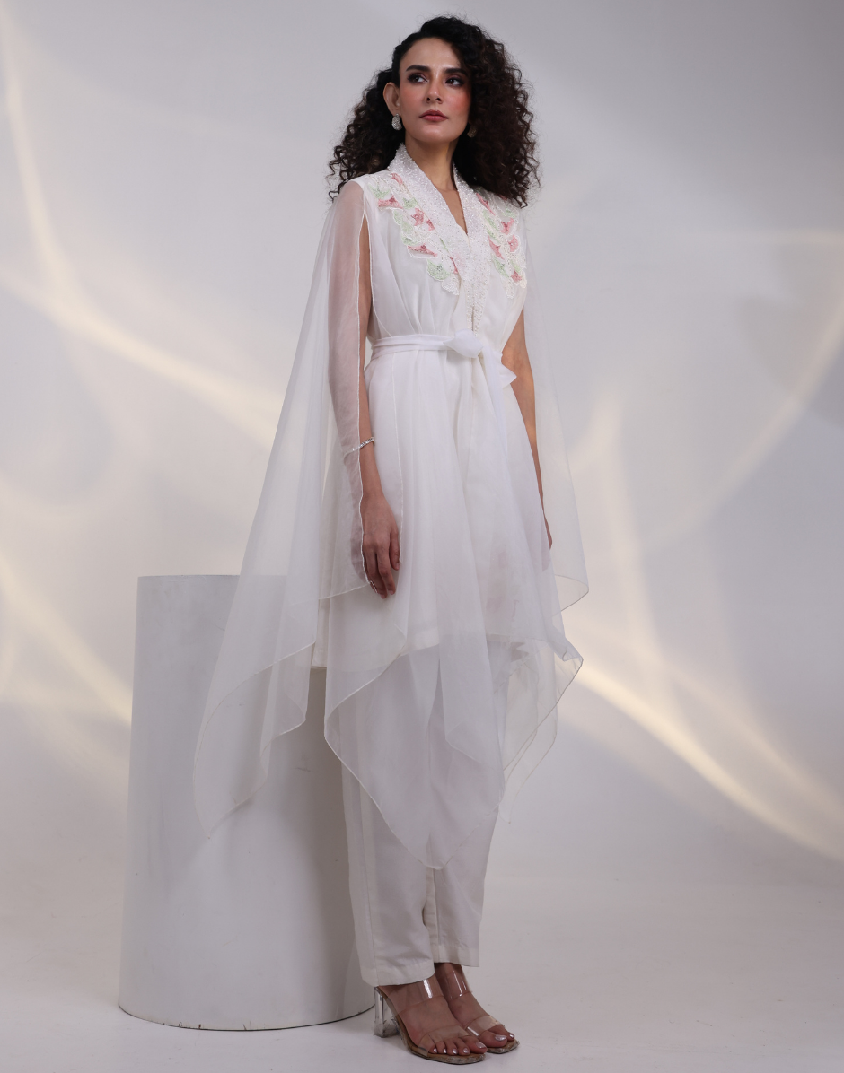 Elegant Off-White Floral Applique Four Piece Set with Long Top, Straight Pants, Cape & Structured Belt_1