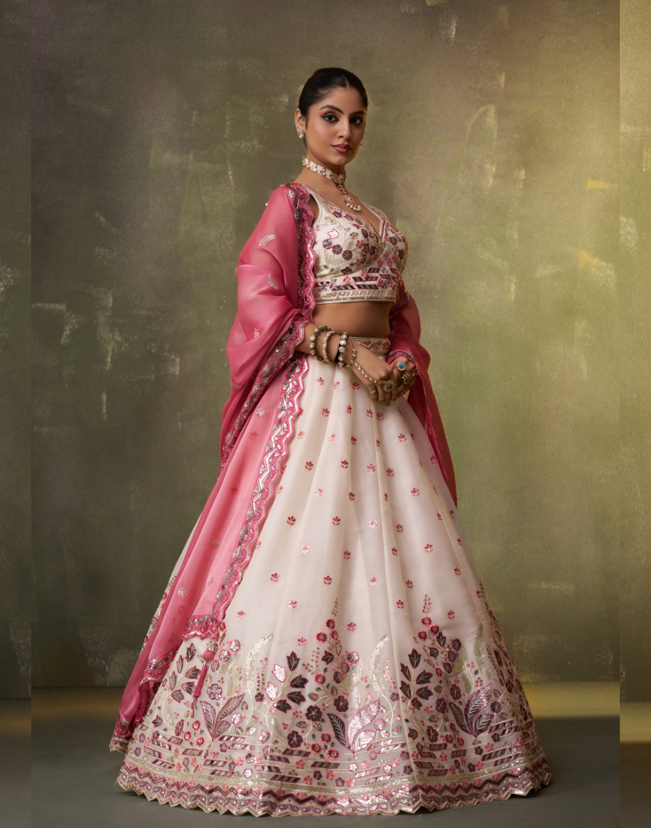 Elegant Organza Lehenga Choli Featuring Sequins Thread Embroidery with Dupatta - Buy_1