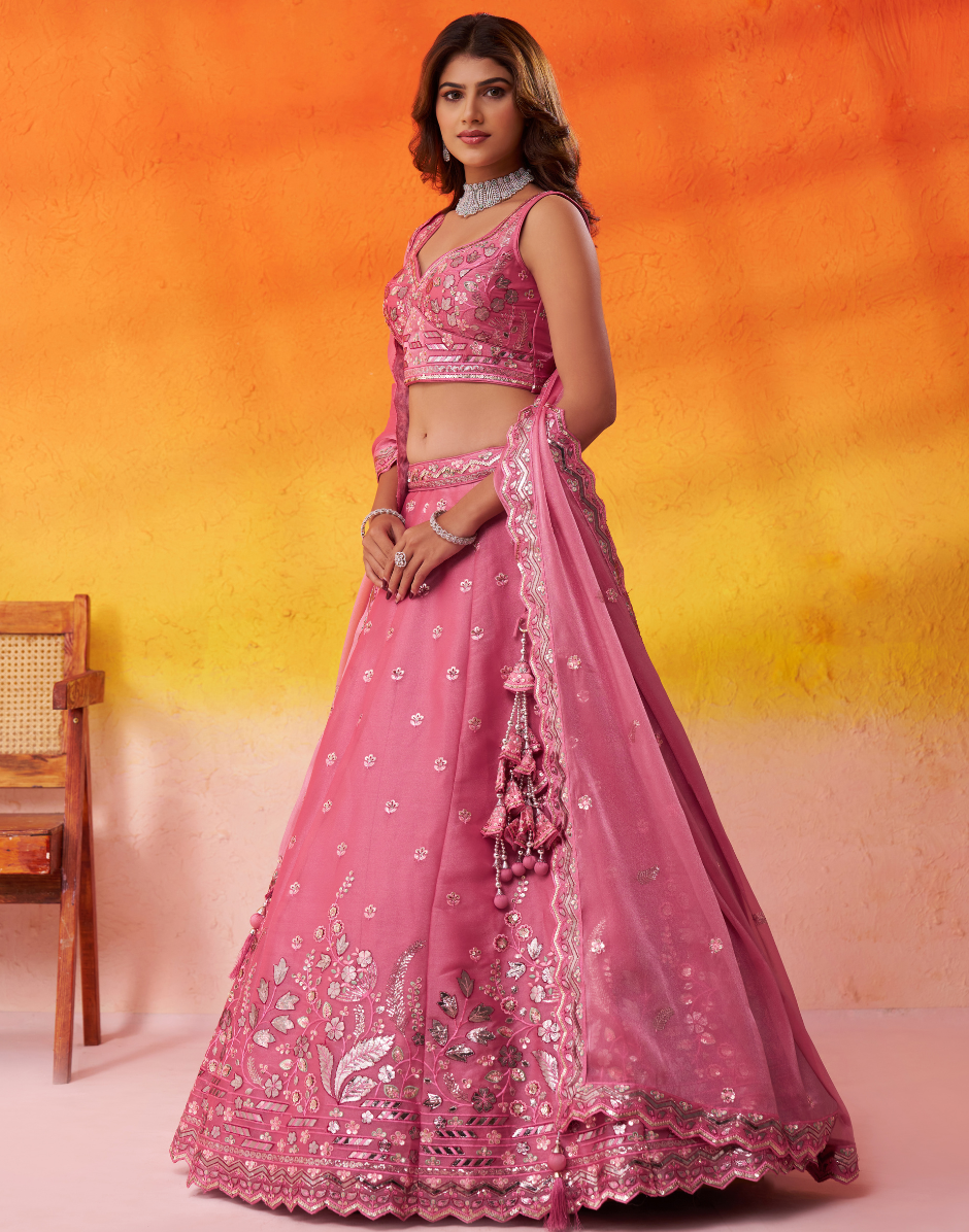 Elegant Organza Lehenga Choli Featuring Sequins Thread Embroidery with Dupatta - Buy_10