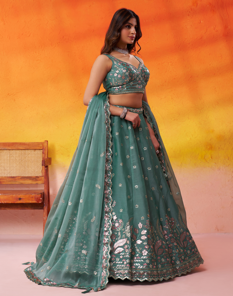 Elegant Organza Lehenga Choli Featuring Sequins Thread Embroidery with Dupatta - Buy_5