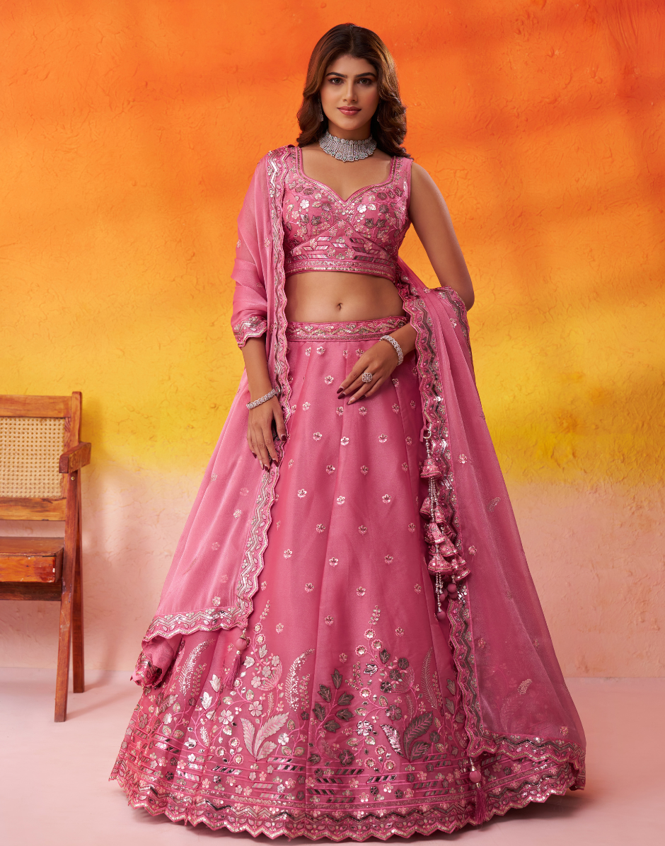 Elegant Organza Lehenga Choli Featuring Sequins Thread Embroidery with Dupatta - Buy_9