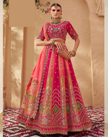 Elegant Pink Banarasi Silk Lehenga Set with Embroidery & Dupatta Traditional Bridal Ensemble - Buy