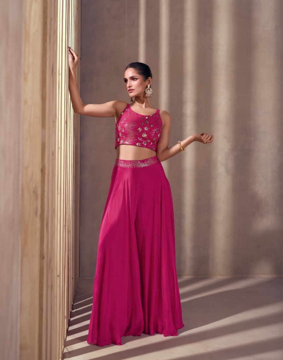 Elegant Pink Real Chinon Silk Crop Top, Palazzo & Dupatta Set with Front & Back Embroidery and Attached Sleeves