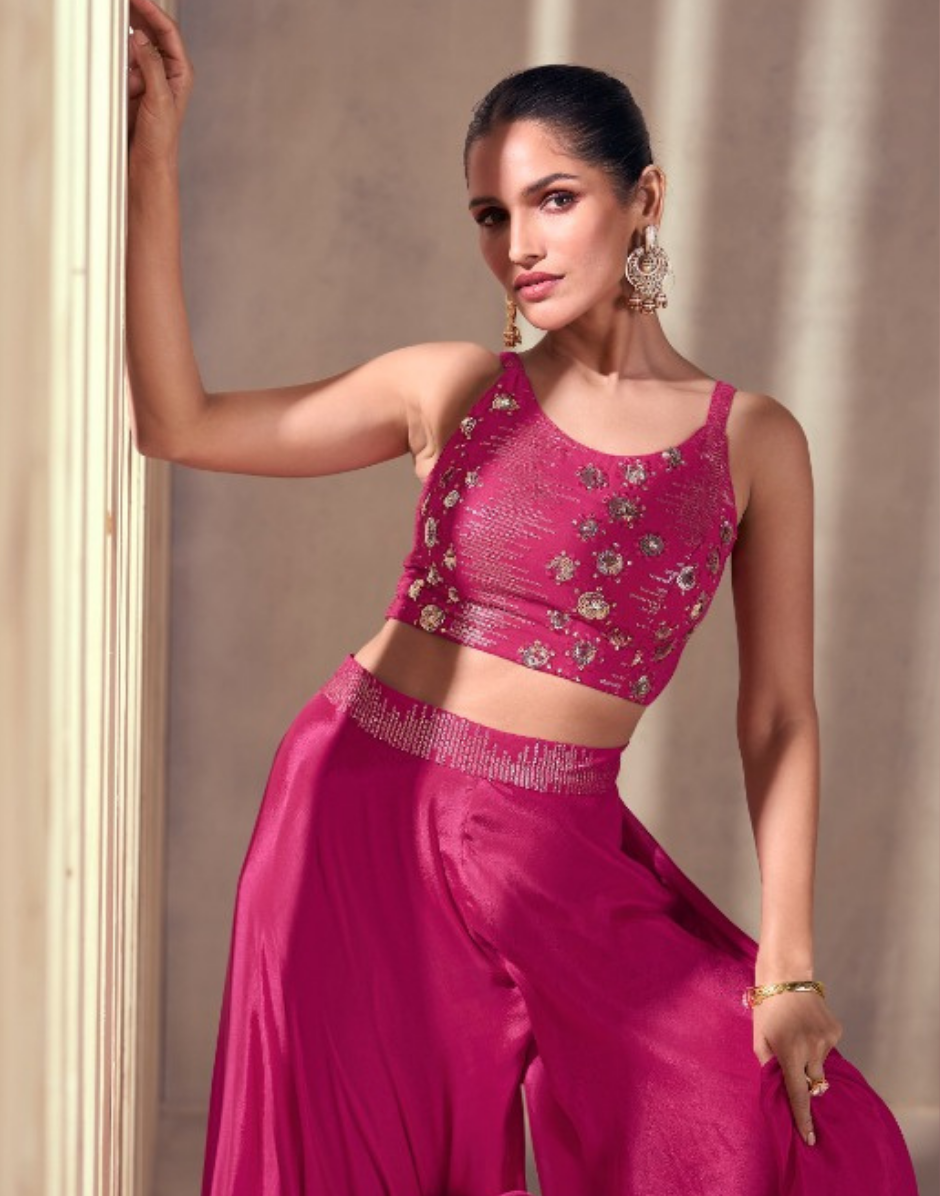 Elegant Pink Real Chinon Silk Crop Top, Palazzo & Dupatta Set with Front & Back Embroidery and Attached Sleeves
