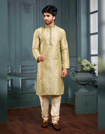 Elegant Pista Green Self Woven Art Silk Kurta Set Subtle Sophistication for Every Celebration