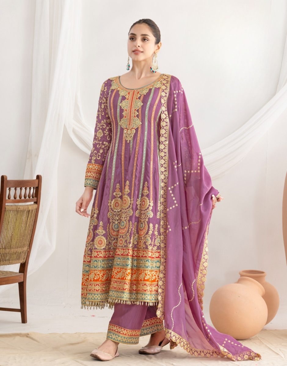 Elegant Premium Silk Anarkali Set Dabka Dori, Resham & Mirror Work with Beautiful Neckline, Jhumka Lace Dupatta & Pants - Buy