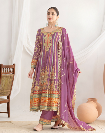 Elegant Premium Silk Anarkali Set Dabka Dori, Resham & Mirror Work with Beautiful Neckline, Jhumka Lace Dupatta & Pants - Buy