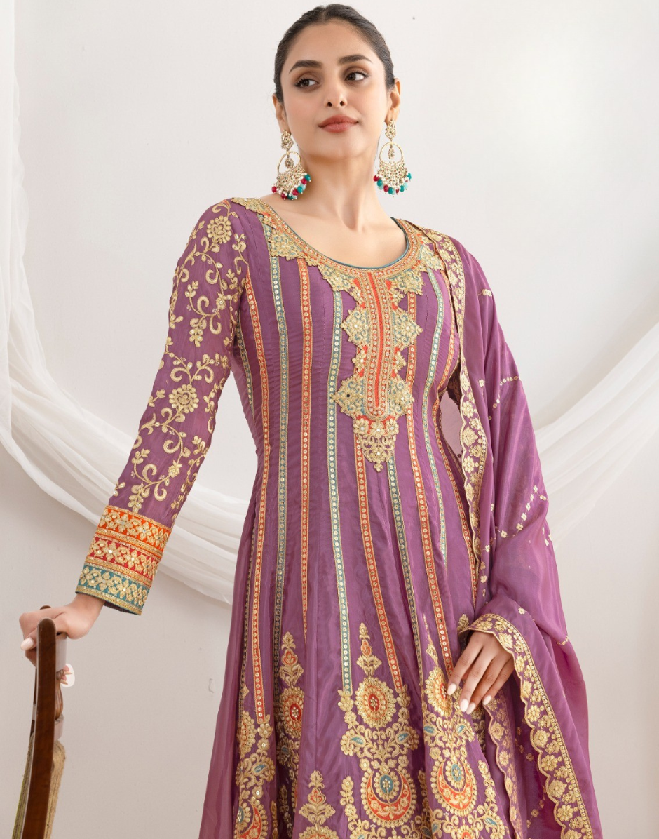 Elegant Premium Silk Anarkali Set Dabka Dori, Resham & Mirror Work with Beautiful Neckline, Jhumka Lace Dupatta & Pants - Buy