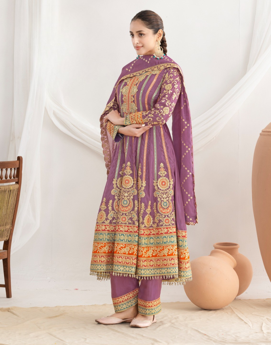 Elegant Premium Silk Anarkali Set Dabka Dori, Resham & Mirror Work with Beautiful Neckline, Jhumka Lace Dupatta & Pants - Buy_2