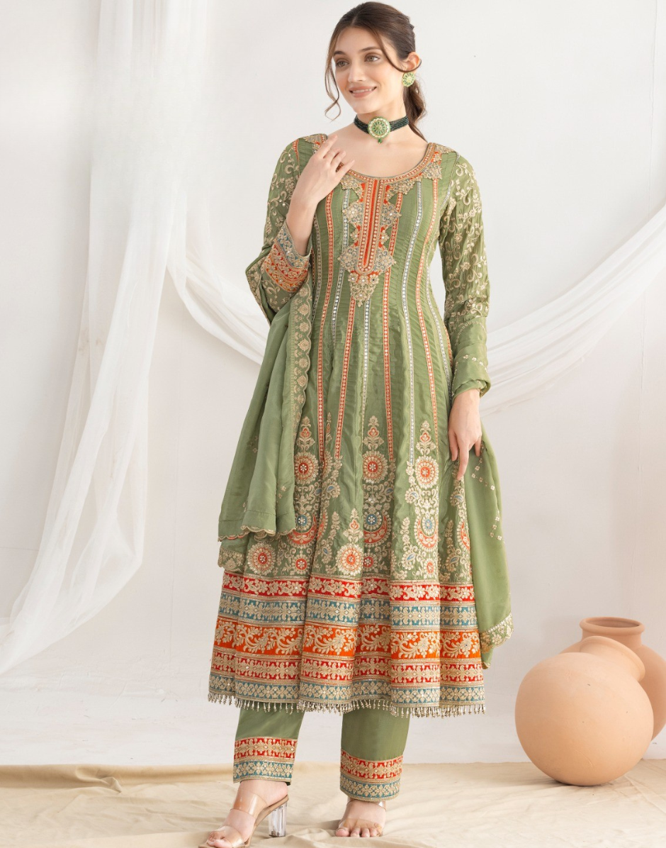 Elegant Premium Silk Anarkali Set Dabka Dori, Resham & Mirror Work with Beautiful Neckline, Jhumka Lace Dupatta & Pants - Buy_4