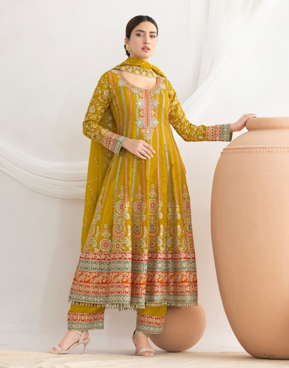 Elegant Premium Silk Anarkali Set Dabka Dori, Resham & Mirror Work with Beautiful Neckline, Jhumka Lace Dupatta & Pants - Buy_5