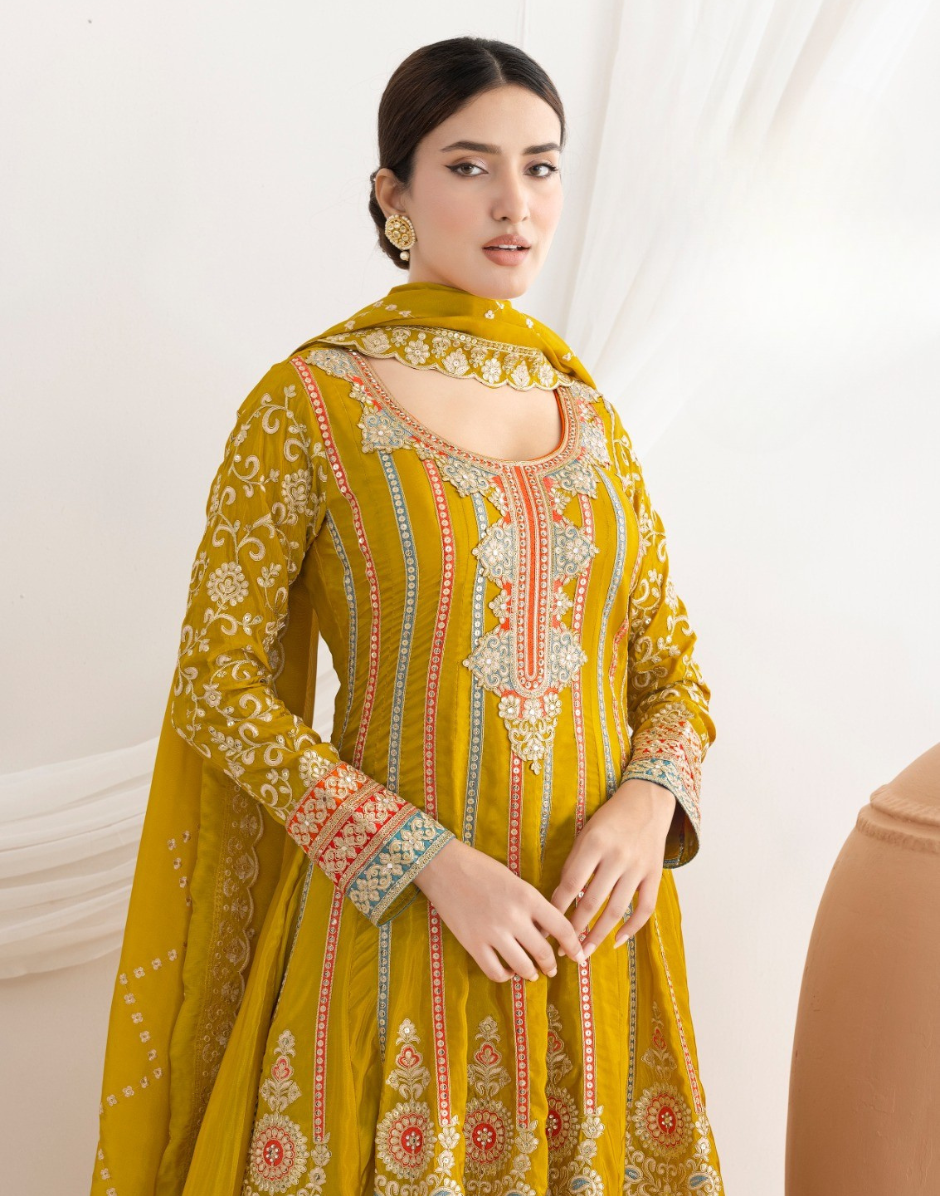 Elegant Premium Silk Anarkali Set Dabka Dori, Resham & Mirror Work with Beautiful Neckline, Jhumka Lace Dupatta & Pants - Buy_6