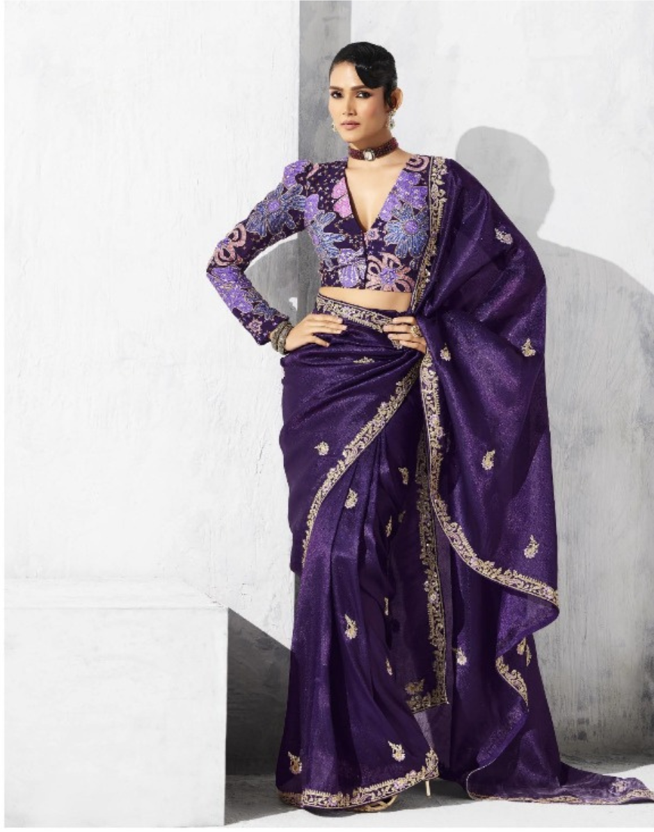 Elegant Purple Saree with Embroidered Detailing and Tailored Blouse - Buy