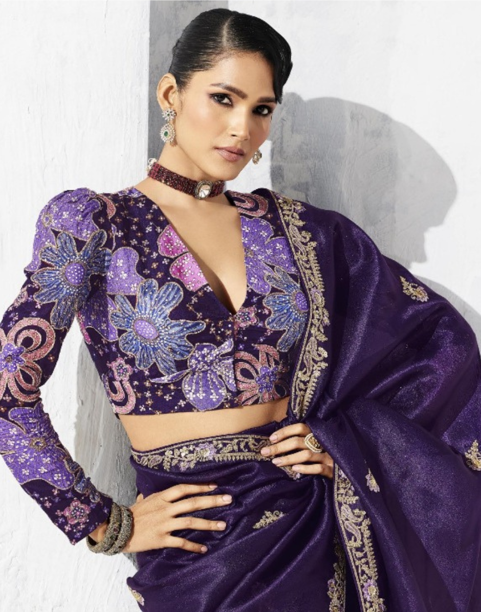 Elegant Purple Saree with Embroidered Detailing and Tailored Blouse - Buy
