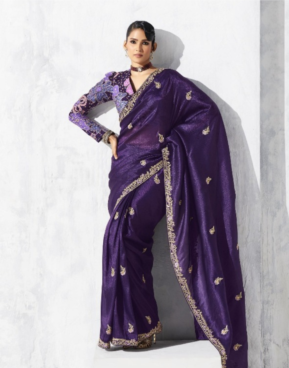 Elegant Purple Saree with Embroidered Detailing and Tailored Blouse - Buy_2