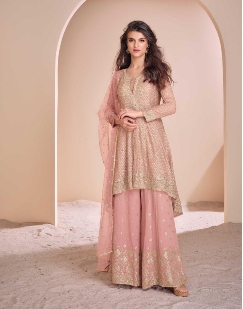 Elegant Real Pink Georgette Embroidered Top with Hand Swarovski, Palazzo & Dupatta Set for a Regal Look