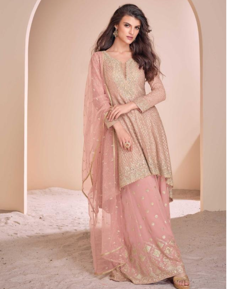 Elegant Real Pink Georgette Embroidered Top with Hand Swarovski, Palazzo & Dupatta Set for a Regal Look