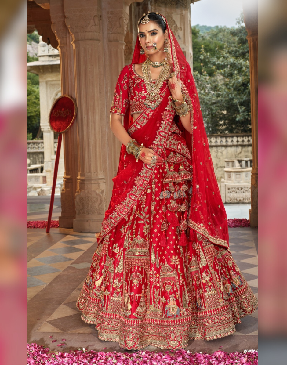 Elegant Red Bridal Silk Lehenga Blouse Dupatta with Khatli Hand Embroidery - Buy