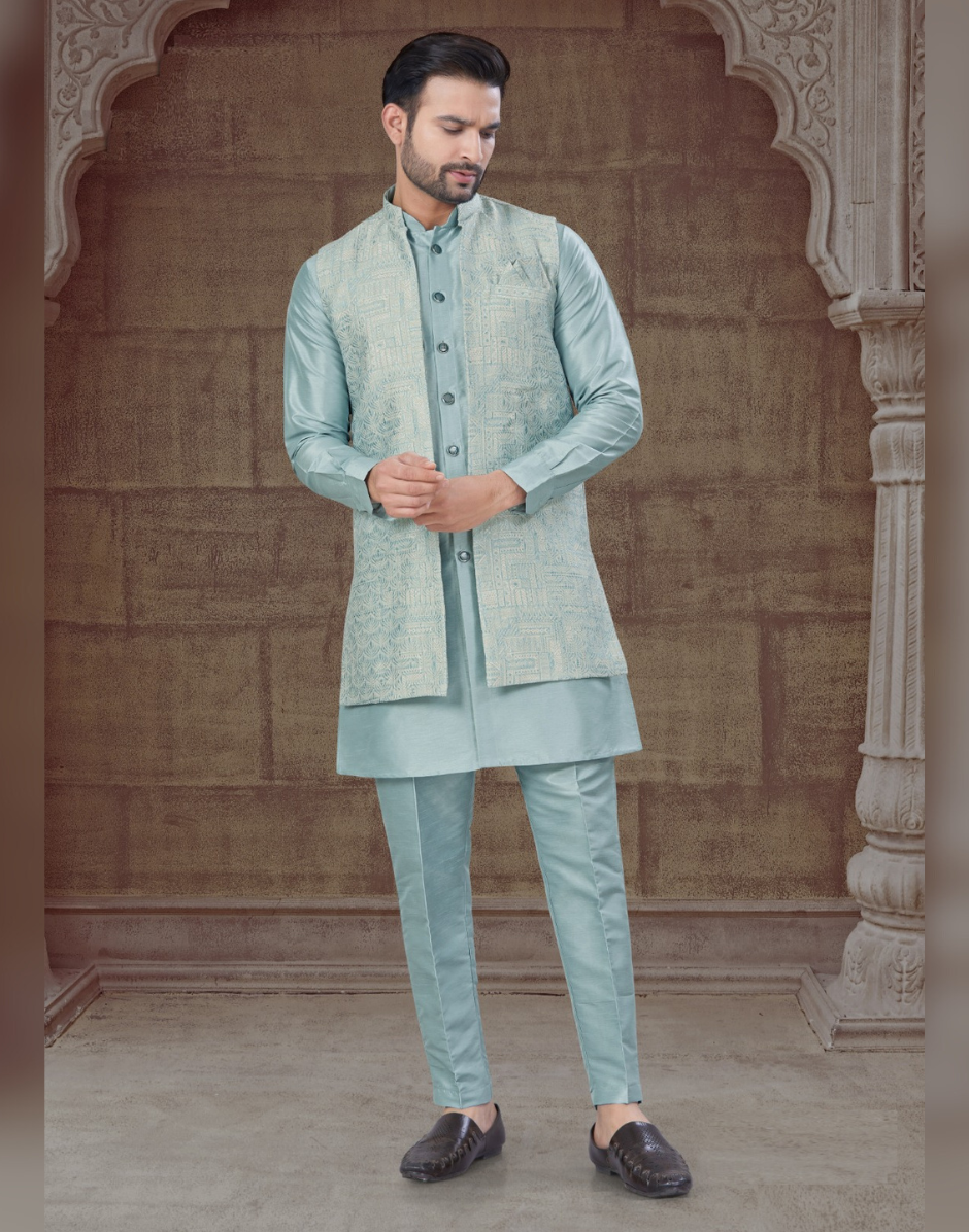 Elegant Sky Blue Jacquard Open Jacket with Tone-on-Tone Pure Silk Kurta Pajama Set Luxe Ethnic Wear for Men Sky Blue / S / 3 Days Elegant Sky Blue Jacquard Open Jacket with Tone-on-Tone Pure Silk Kurta Pajama Set Luxe Ethnic Wear for Men Sky Blue / S / 3 Days