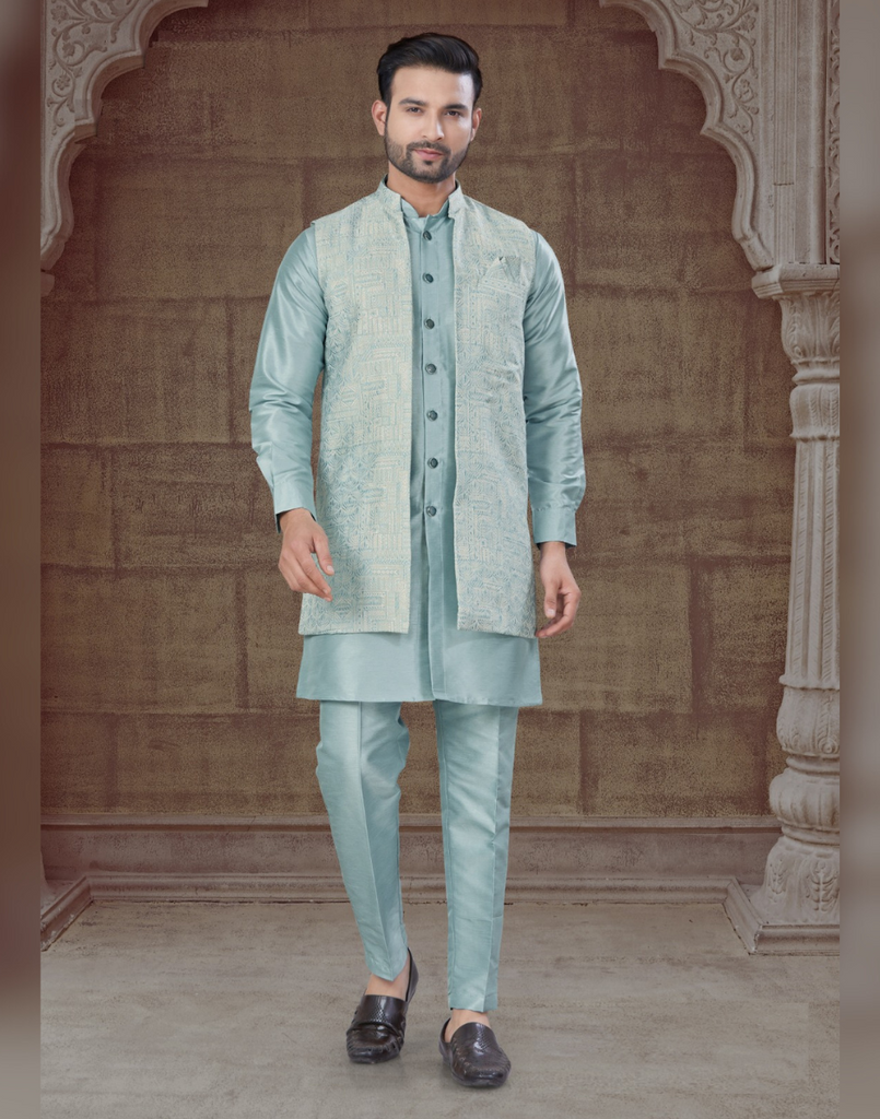 Elegant Sky Blue Jacquard Open Jacket with Tone-on-Tone Pure Silk Kurta Pajama Set Luxe Ethnic Wear for Men Sky Blue / S / 5 Days