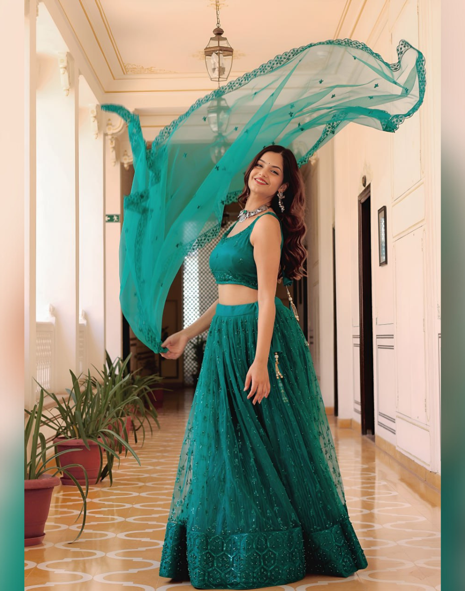 Elegant Soft Net Lehenga Set with Sequin Lace Dupatta & Sleeveless Embroidered Choli - Buy