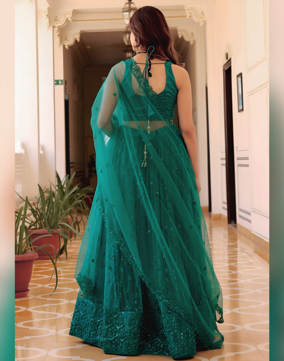 Elegant Soft Net Lehenga Set with Sequin Lace Dupatta & Sleeveless Embroidered Choli - Buy_2