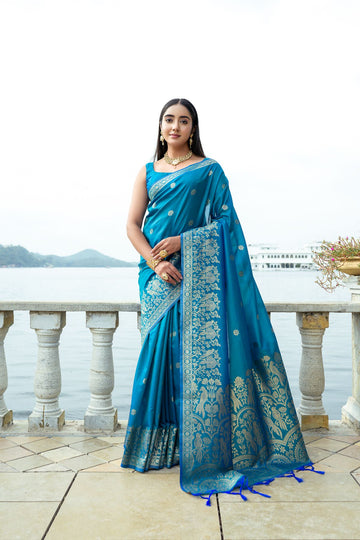 Elegant Soft Silk with Zari Woven Floral Design & Intricate Zari Border