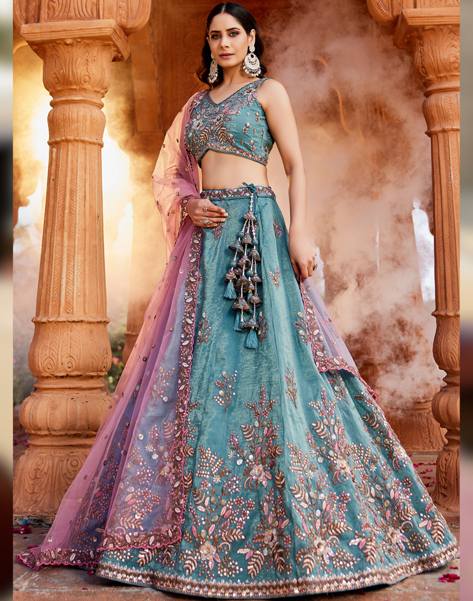 Elegant Tissue Sequin Embroidered Stitched Lehenga Choli with Dupatta Ideal for Weddings & Festive Celebrations
