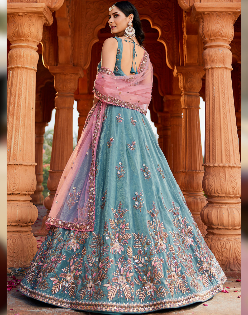 Elegant Tissue Sequin Embroidered Stitched Lehenga Choli with Dupatta Ideal for Weddings & Festive Celebrations