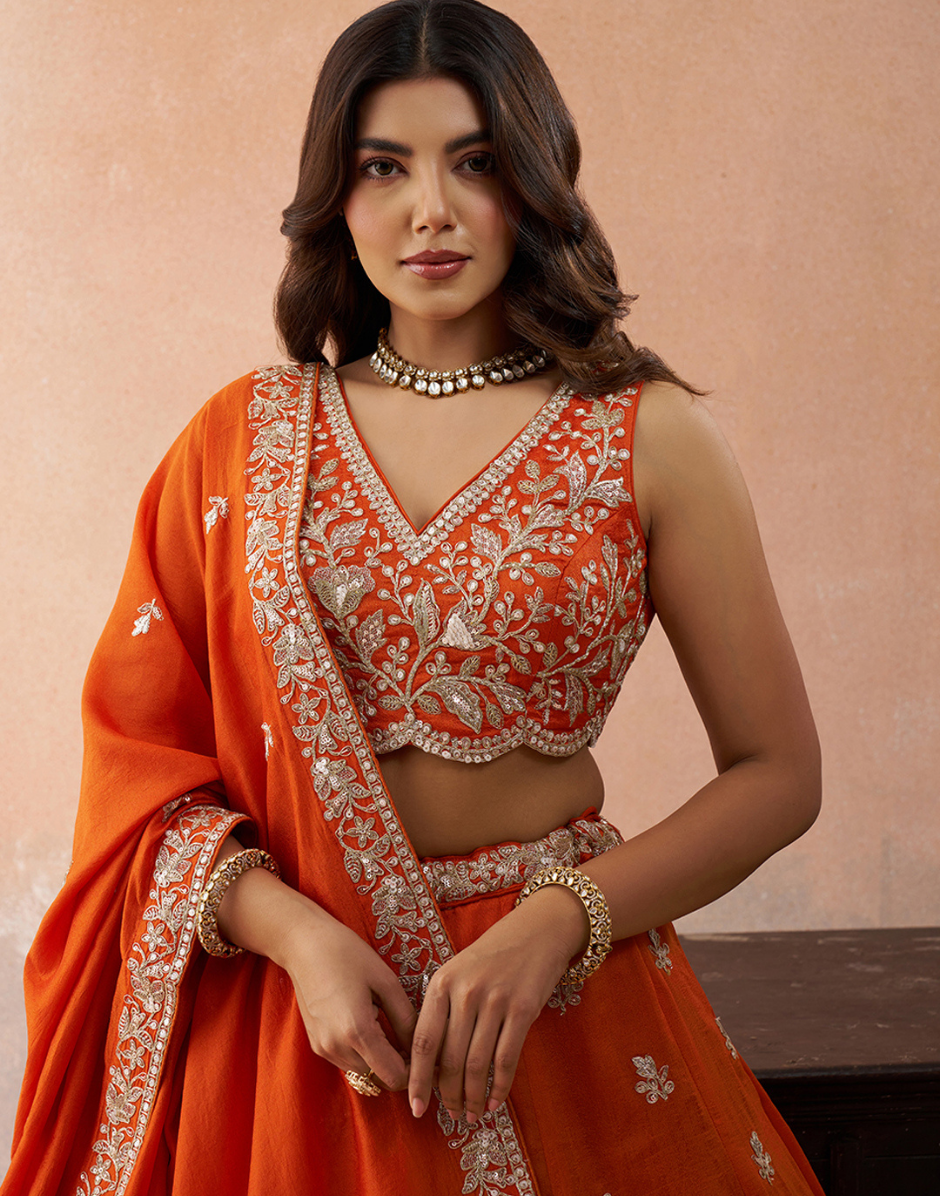 Elegant Tissue Sequinned & Zari Embroidered Lehenga Choli Set with Flowing Dupatta