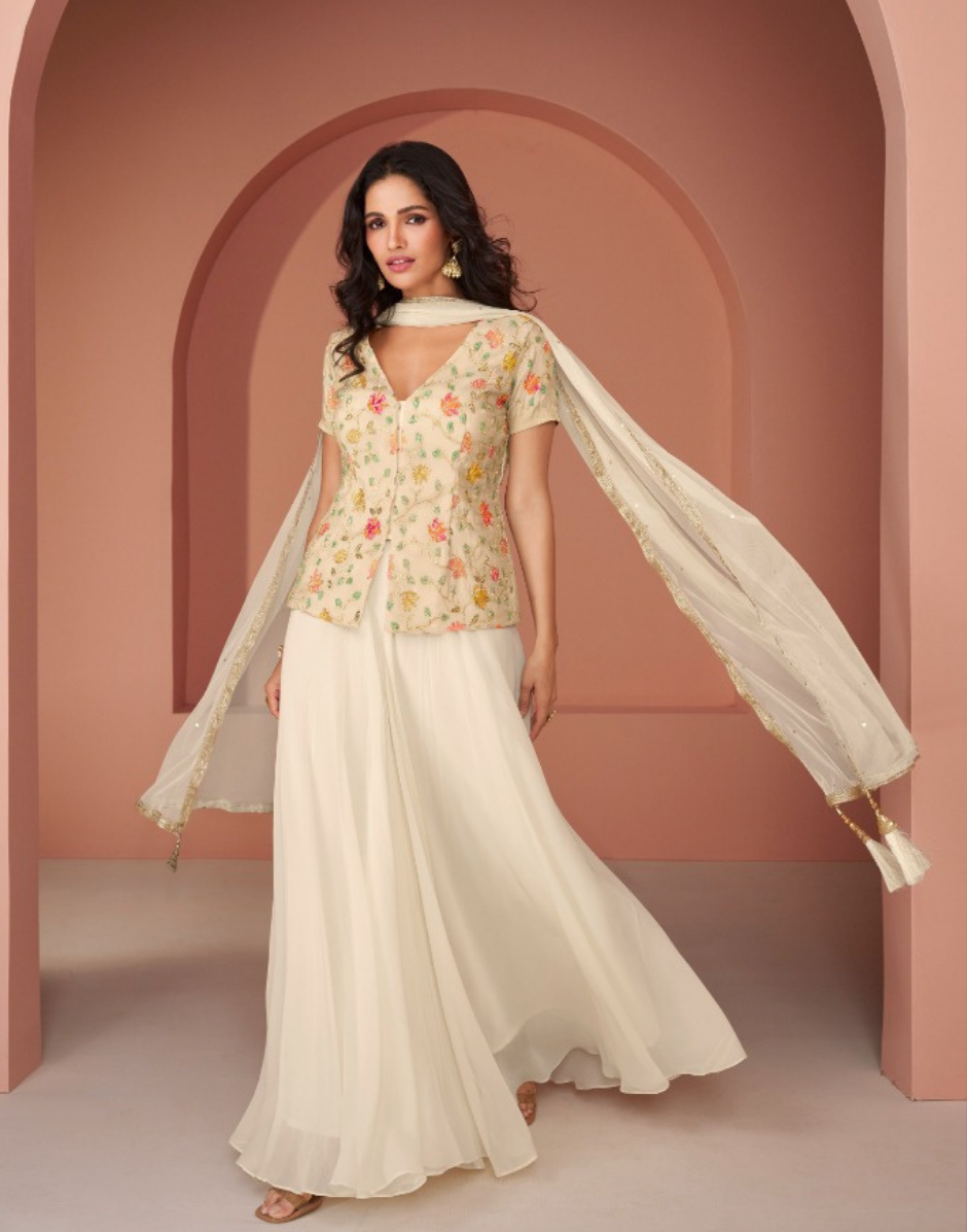 Elegant White Embroidered Georgette Top with Net Dupatta 2-Piece Set
